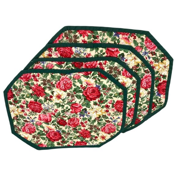 Roses Floral Quilted Double-Sided Octagonal Placemats Set of 4 Garden Vintage - Picture 6 of 12